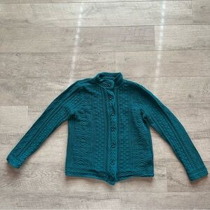 LL Bean Jewel Toned Teal Green Cable Knit Button Down Sweater